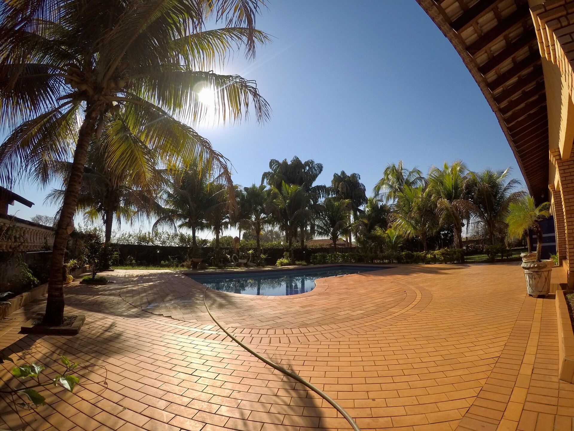 Piscina do Rancho em Cardoso vista do terraço, cercada de coqueiros